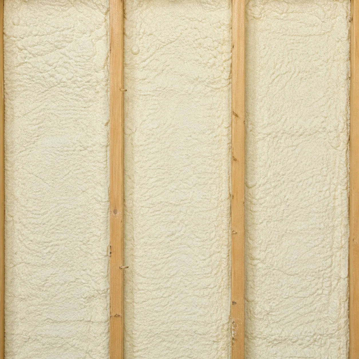Close-up of closed cell spray foam insulation between wall studs in Yakima