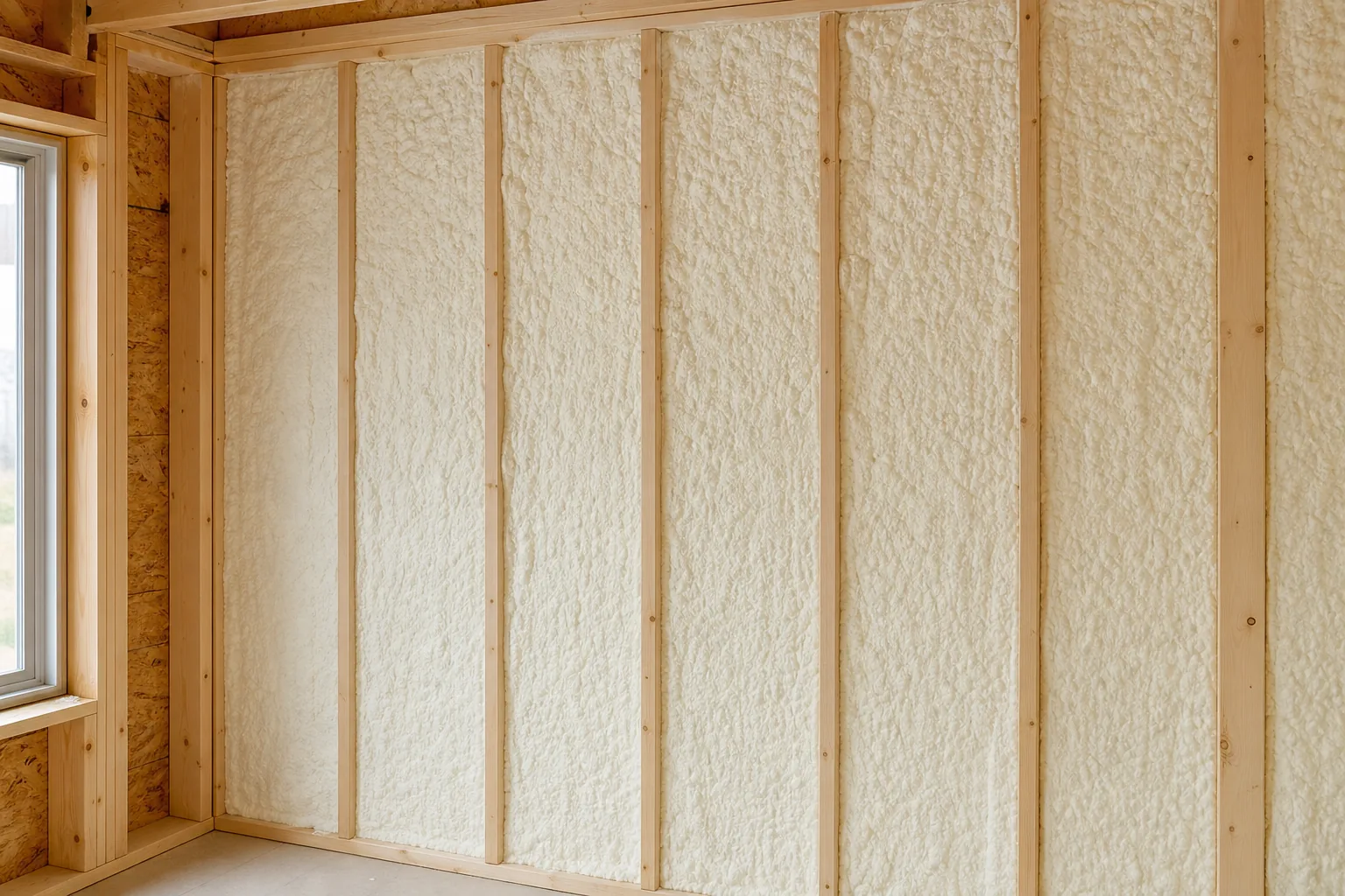 Close-up of open cell spray foam insulation between wall studs in Yakima