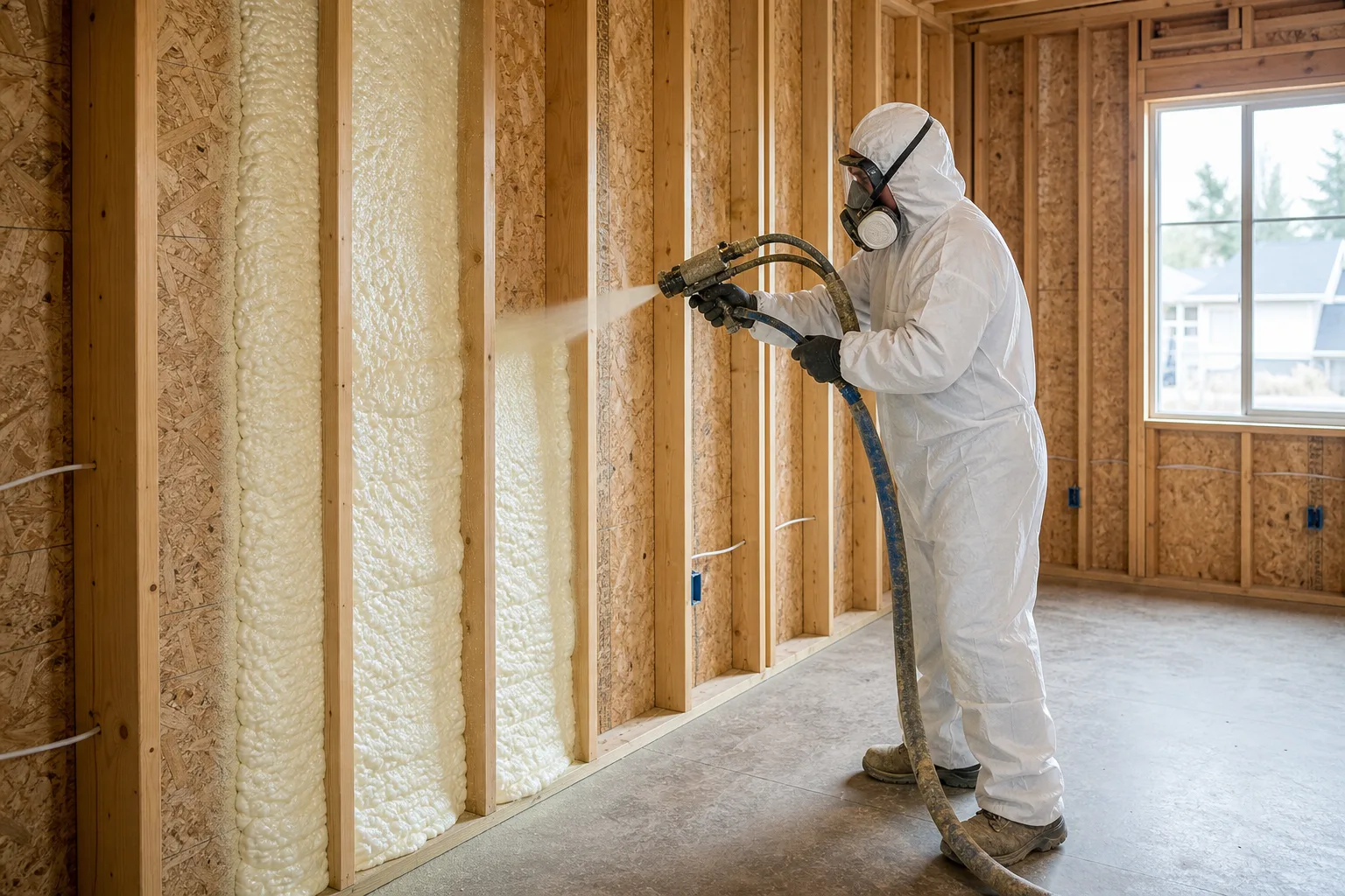 Worker spraying spray foam insulation into framed wall bays in Yakima